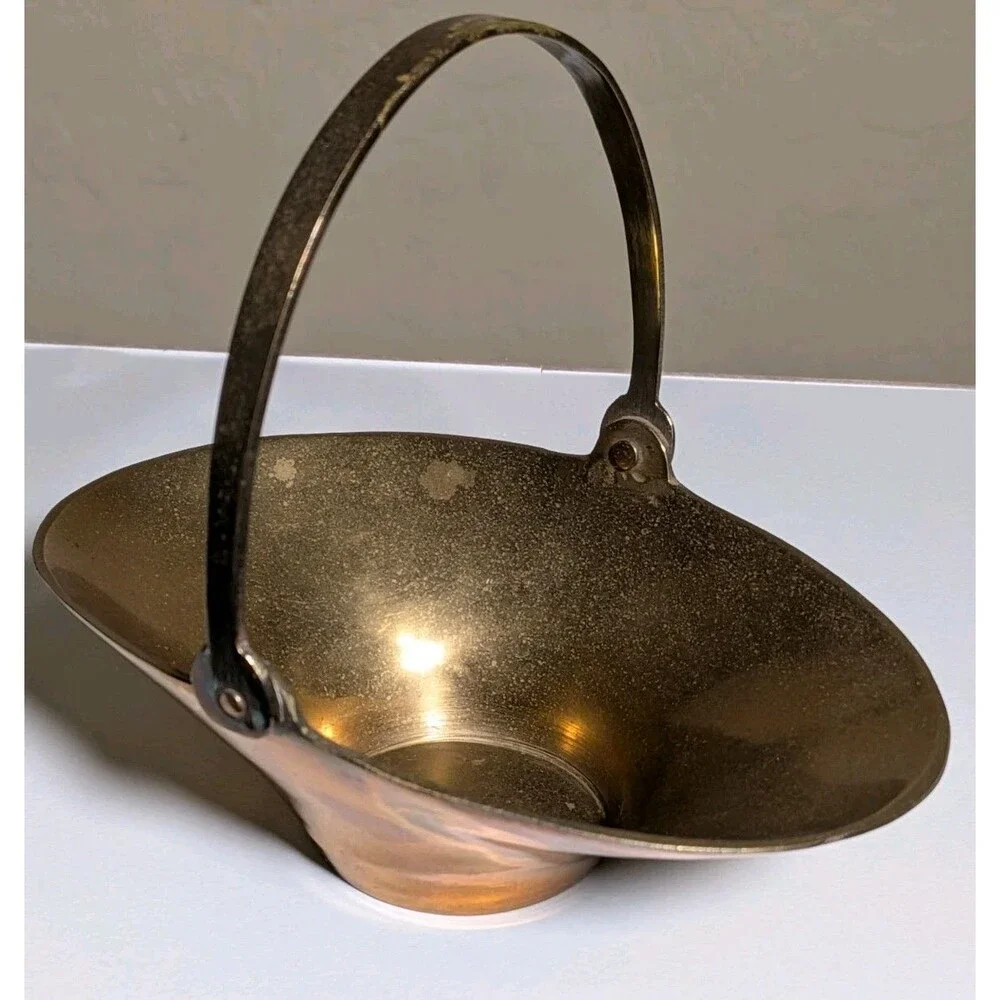 Vintage Brass Bowl Basket Patina MCM Rustic Easter Accent Decor Hinged Handle